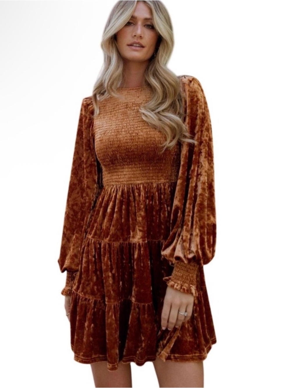 Baltic Born Rust Kele Crushed Velvet Smocked Tiered Mini Dress Light Copper